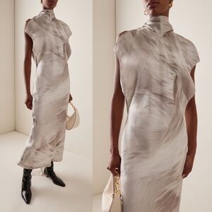 NWT Brandon Maxwell Evie Sleeveless Midi Shift Dress Neck Scarf Striations Sz 12